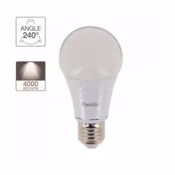 Ampoule A60 806 lumens Equivalence 60W Culot E27 180° 4000K Dimmable Consommation Watts : 9.4W Poids : 0,065kg Couleur : Tran ...