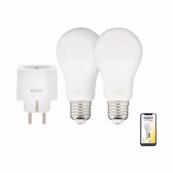 Description générale Ce pack comprend 2 ampoules LED connectées SMD E27 A60 opaques de 9W et 1 prise connectée KOZii. Ces amp ...