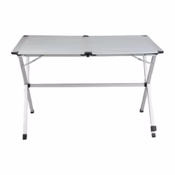 Table avec châssis pliant et plateau a lamelles aluminium enroulables. Le systeme de crémailleres Gap Less permet le maintien ...