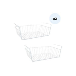 MSV Lot de 2 paniers de rangement sous étagère 385x255x14cm en Acier Blanc Mat