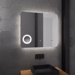 Caractéristiques techniques Dimensions: 80x70x4.5 cm Cadre en aluminium anodisé / Bords arrondis Miroir avec éclairage LED pé ...