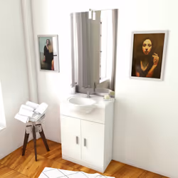 Caractéristiques techniques Meuble en MDF et mélaminé laqué blanc vasque céramique avec trop plein 2 portes battantes Etagère ...