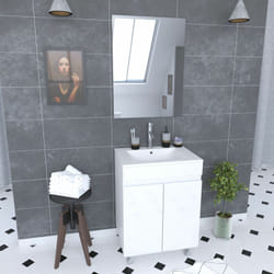 Ensemble meuble de salle de bain 60x45x81-meuble mdf-melamine brillant blanc-vasque ceramique+miroir