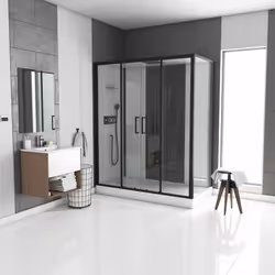 Description générale Élégante cabine de douche à portes coulissantes en aluminium laqué noir, alliant design moderne et fonct ...