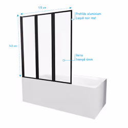 Pare baignoire Pivotant 3 Volets Noir Mat - 125x143 cm - Verre Trempé 4 mm - ZAGGY DARK - Vue supplémentaire 4