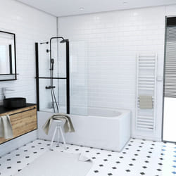 pare baignoire avec volet pivotant 130x105cm profile aluminium noir mat et verre transparent