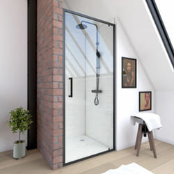 Porte de douche pivotante - 90x200 cm - profilés noir mat - verre trempé 6 mm - crush