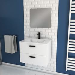 Aurlane - meuble salle de bain 60 cm suspendu 2 tiroirs blanc avec vasque et miroir - box-in