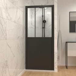 Paroi porte de douche a porte pivotante type atelier - 90x200cm - profile noir mat - verre 5mm