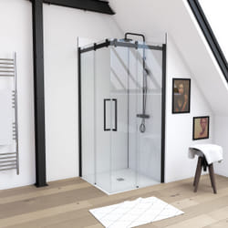 Aurlane - Paroi porte de douche type industriel ouverture d'angle profiles noir mat - verre trempe 8mm