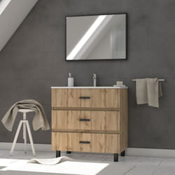 Meuble de salle de bain 80 cm - chêne industriel - 3 tiroirs - vasque et miroir