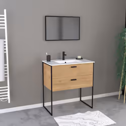 Description générale Pack meuble disponible en coloris chêne naturel ou blanc laqué, accompagné d'un miroir au cadre laqué no ...