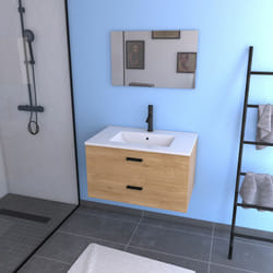 Aurlane - meuble salle de bain 80cm suspendu 2 tiroirs décor bois avec vasque et miroir - box-in