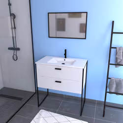 Description générale Pack meuble de salle de bain disponible en coloris blanc laqué ou chêne naturel, comprenant un miroir av ...