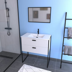Ensemble meuble de salle de bain - blanc avec pieds style industriel - 2 tiroirs - vasque blanche