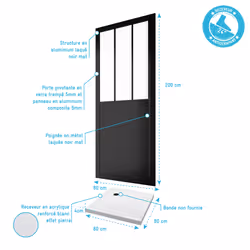 Pack Porte de Douche Atelier Pivotante Noire 80x200 cm et Receveur Blanc Effet Pierre 80x80x4 cm - Vue supplémentaire 4