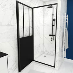 Aurlane - pack porte de douche atelier pivotante noire 90x200 cm et receveur blanc effet pierre 90x90x4 cm