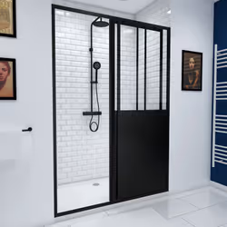 Pack comprenant une porte coulissante type Atelier WORKSHOP SLIDE 120 et un receveur blanc, effet pierre, MOON RECTANGULAR 12 ...