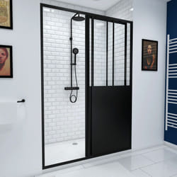 pack porte coulissante noire mate type 'atelier' et receveur blanc effet pierre - 120x90x200 cm