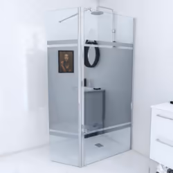 Description générale Pack paroi de douche à l'italienne 90x200 cm et volet pivotant 40x200 cm en verre transparent avec bande ...