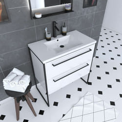 Meuble de salle de bain 80x50cm blanc - 2 tiroirs - vasque resine blanche - pieds et poignées