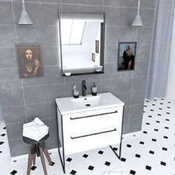 Pack meuble de salle de bain 80x50cm Blanc - 2 tiroirs - vasque blanche et miroir noir mat