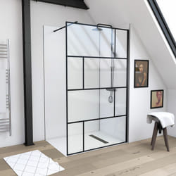 Paroi de douche a l'italienne serigraphie type brique - dim, 120x195cm - profile noir mat - 5mm