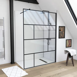 Paroi de douche a l'italienne serigraphie type brique - 140x195cm - profile noir mat - verre 5mm