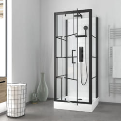 Cabine de douche Carrée 80x80x213 cm - Porte pivotante - Fond Blanc et Profilés Noir Mat - rubiq