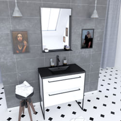 Aurlane - Pack meuble salle de bain 80x50 Blanc -2 tiroirs noir - vasque noir effet pierre et miroir noir mat