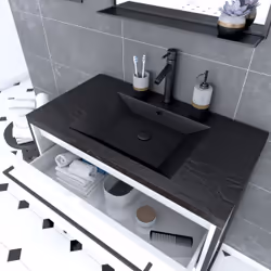 Aurlane - Pack meuble salle de bain 80x50 Blanc -2 tiroirs noir - vasque noir effet pierre et miroir noir mat