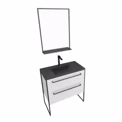 Aurlane - Pack meuble salle de bain 80x50 Blanc -2 tiroirs noir - vasque noir effet pierre et miroir noir mat