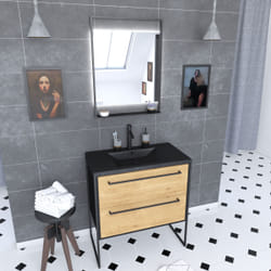 Aurlane - Pack meuble de salle de bain 80x50 cm Noir mat - 2 tiroirs - vasque noir effet pierre - miroir led