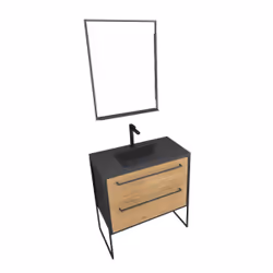 Aurlane - Pack meuble de salle de bain 80x50 cm Noir mat - 2 tiroirs - vasque noir effet pierre - miroir led
