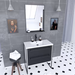 Pack meuble de salle de bain 80x50 Blanc - 2 tiroirs + vasque resine blanche + miroir noir mat