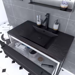 Meuble de salle de bain 80x50cm Blanc - 2 tiroirs noir mat - vasque resine noire effet pierre