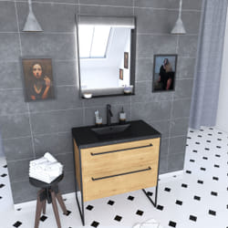 Meuble de salle de bain 80x50cm Blanc - 2 tiroirs - vasque resine noire effet pierre - miroir led