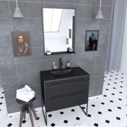 Meuble de salle de bain 80x50 cm Blanc - 2 tiroirs noir mat - vasque noire effet pierre - miroir led