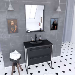 Meuble de salle de bain 80x50 cm Blanc - 2 tiroirs noir mat - vasque noire effet pierre - miroir led