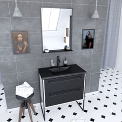 Aurlane - Meuble de salle de bain 80x50 cm Noir mat - 2 tiroirs blanc - vasque résine noire effet pierre