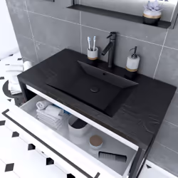 Aurlane - Meuble de salle de bain 80x50 cm Noir mat - 2 tiroirs blanc - vasque résine noire effet pierre