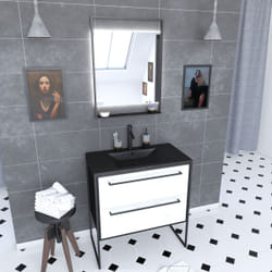 Aurlane - Pack Meuble de salle de bain 80x50 cm - 2 tiroirs - vasque résine noire effet pierre + miroir led