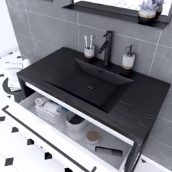 Aurlane - Pack Meuble de salle de bain 80x50 cm - 2 tiroirs - vasque résine noire effet pierre + miroir led