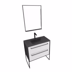 Aurlane - Pack Meuble de salle de bain 80x50 cm - 2 tiroirs - vasque résine noire effet pierre + miroir led