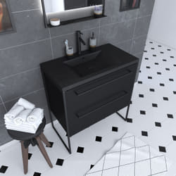 Meuble de salle de bain 80x50cm - 2 tiroirs - vasque résine noire effet pierre - structura F051