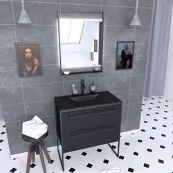 Aurlane - Meuble de salle de bain 80x50 cm - 2 tiroirs noir mat - vasque résine noire effet pierre + miroir