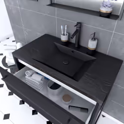 Aurlane - Meuble de salle de bain 80x50 cm - 2 tiroirs noir mat - vasque résine noire effet pierre + miroir