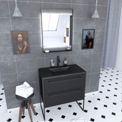 Aurlane - Meuble de salle de bain 80x50 cm - 2 tiroirs noir mat - vasque résine noire effet pierre + miroir