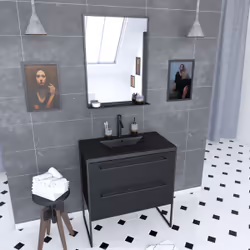 Aurlane - Meuble de salle de bain 80x50 cm - 2 tiroirs noir mat - vasque résine noire effet pierre + miroir