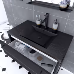 Aurlane - Meuble de salle de bain 80x50 cm - 2 tiroirs noir mat - vasque résine noire effet pierre + miroir